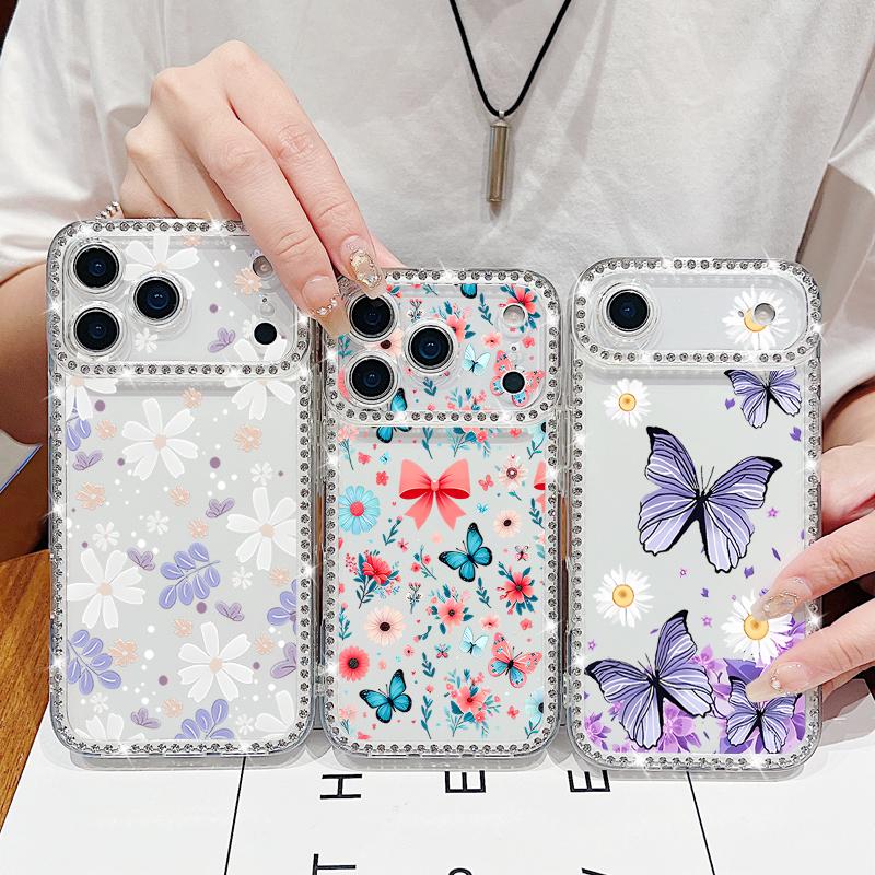 Butterfly Printing Bling Diamond Case For iPhone 17 Air 16e 16 14 15 13 17 Pro Max 15 16 Plus 17 Soft TPU Silicone Phone Cover