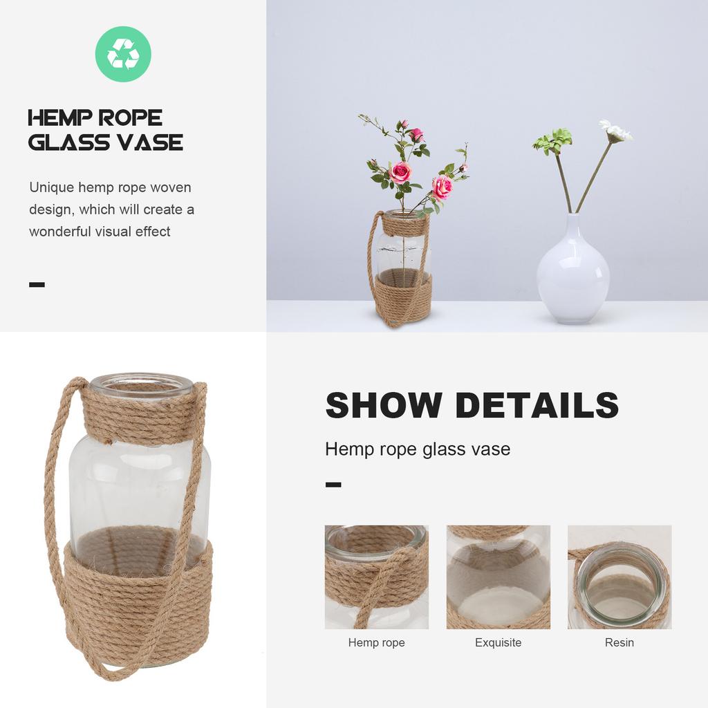 1Pcs Glass Flower Vase Country Style Hydroponic Decorative Rope Woven Vase Home Office Restaurant Decor Accent