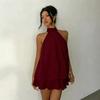 European and American New Solid Color Holiday Slim-fitting Sexy Backless Neck Waist Top Fluffy Short Skirt Dress Women