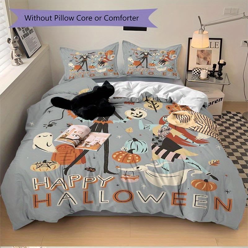 3pcs Happy Halloween Jack & Sally Quilt Set Soft and Comfortable Bedroom, Guest Room and Dorm Decor Bedding Set B041