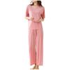 Women's Casual Pajamas Set Solid Color Short Sleeve Up Nine Pants Two Pieces
