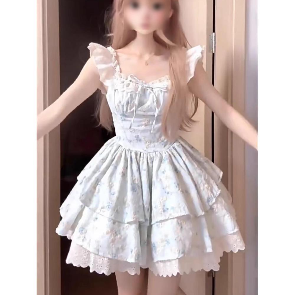 Beautiful princess cake skirt waist slimming sweet small flying sleeves gentle floral temperament waist short skirt girl