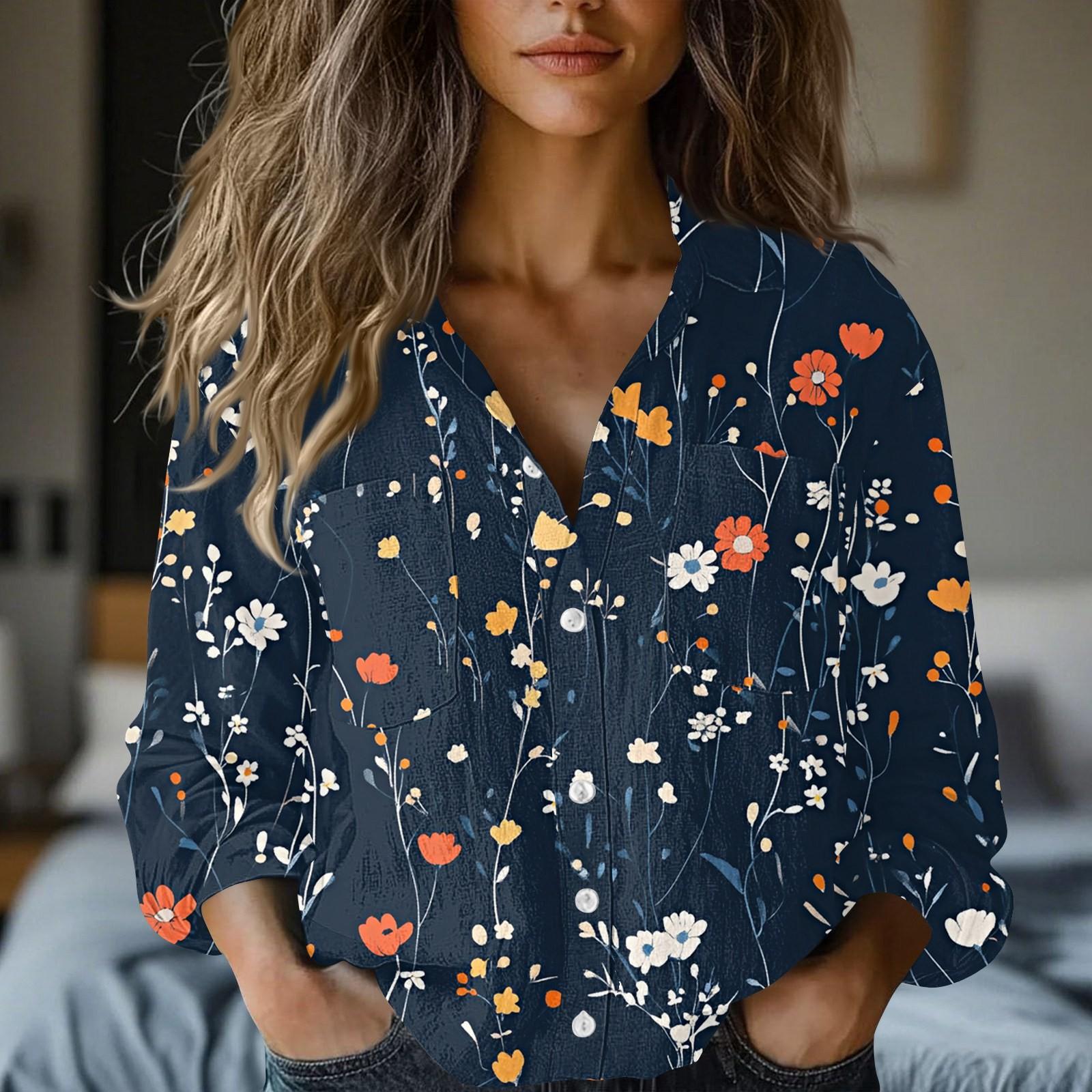 

Жіночі бавовняно-лляні топи, сорочки з довгим рукавом, вільні футболки, вінтажні блузки S Темно-синій