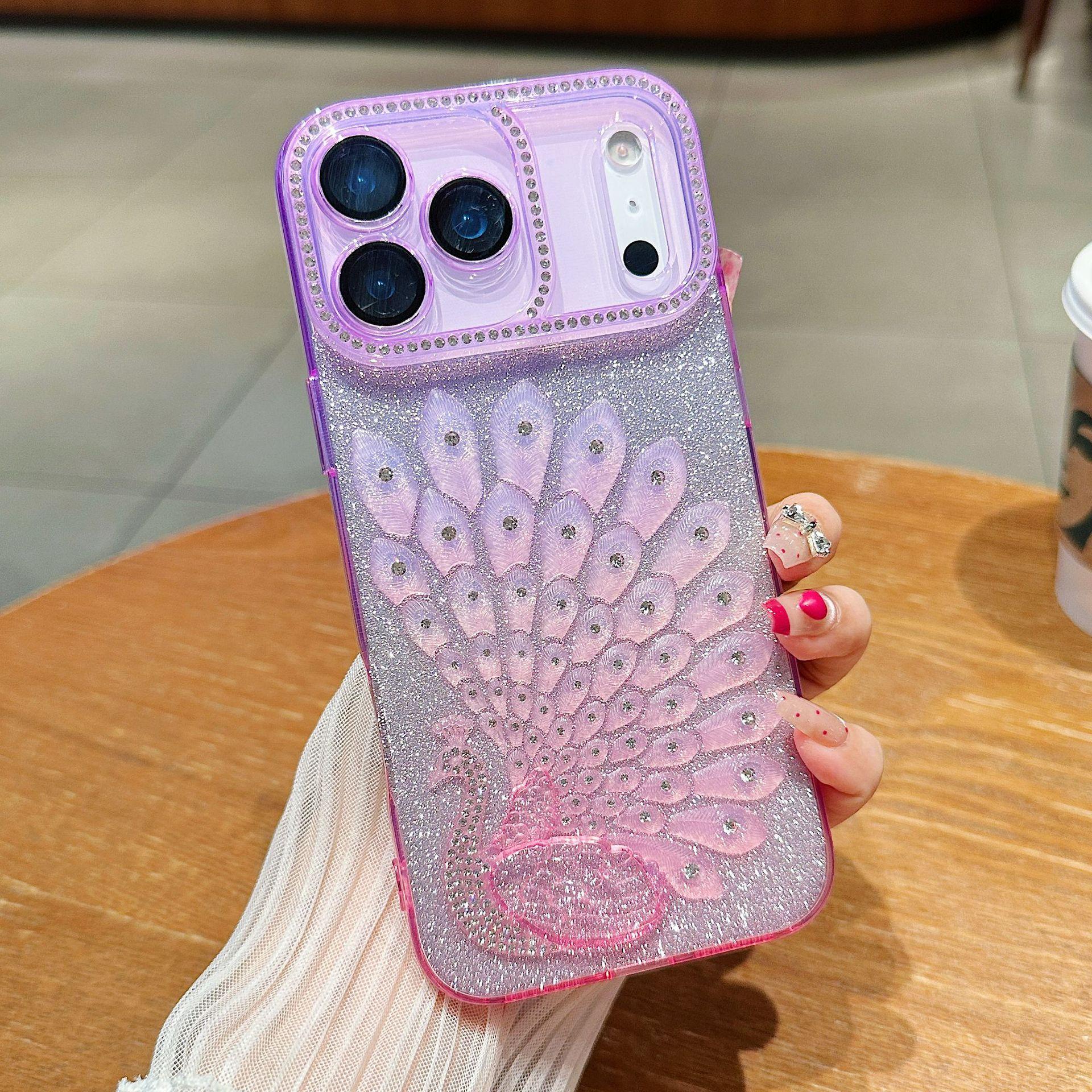 

New Colorful Dyed Peacock for IPhone17 Mobile Phone Case for Apple 16promax Diamond Gradient Glitter Case For iPhone13Promax