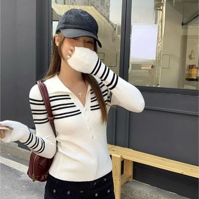 Striped Polo Collar Knitted Base Shirt for Women, A New Autumn Style, Slimming and Form-fitting Long-sleeved Sweater, Elegant Top