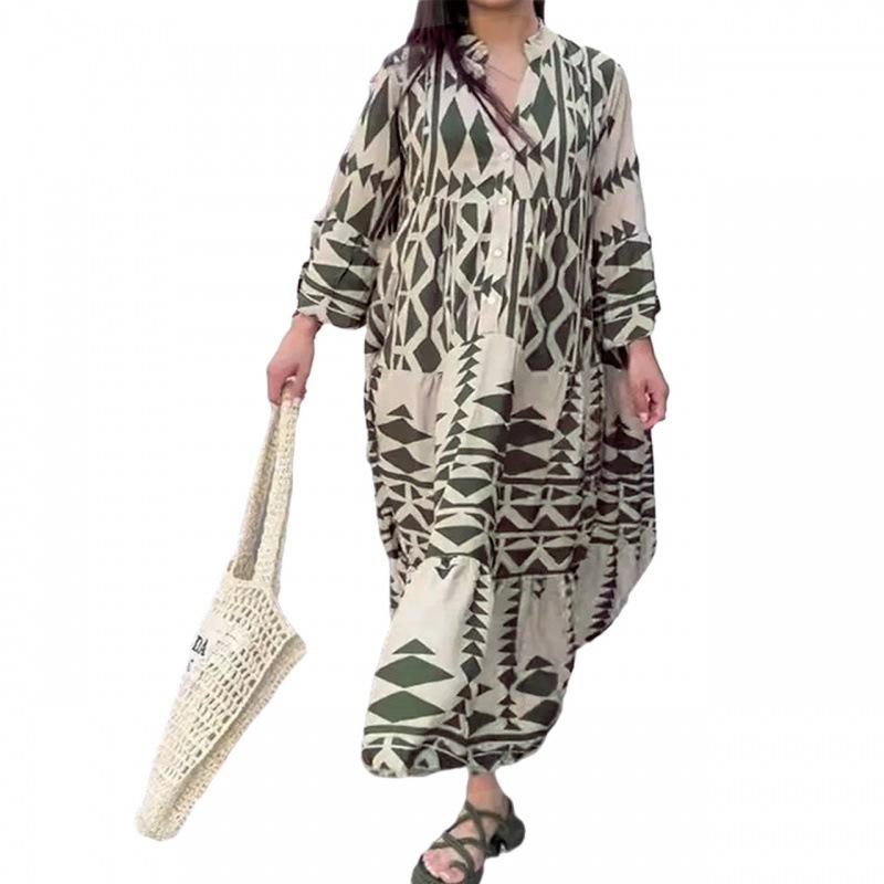 

2026 Cross-border Plus Size European & American Women s Bohemian Print Pullover Dress for Autumn 5XL