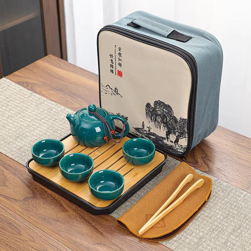 Chinese Kung Fu Travel Set, Ceramic Portable Teapot, Porcelain Teaset, Gaiwan Tea Cups, Tea Tool with Travelling Bag, 1 Cups