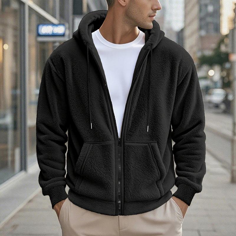 Men's American Style Double-Sided Fleece Hooded Jacket - Autumn/Winter, Zipper, Loose Fit, Casual Sweatshirt.