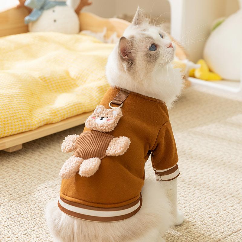 Cute Autumn and Winter Cat Clothes Pocket Three-dimensional Bear Can Lead Puppies Puppies Kittens Warm Pet Sweater