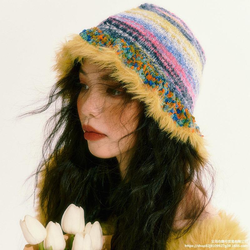 Vintage color striped oil painting wind lotus leaf edge fisherman's hat children autumn and winter warm knitted basin hat tide