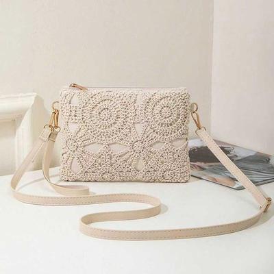 Korean Versatile Crossbody Crochet Bag, New Straw Woven Bag, Zipper Closure, Retro Casual Beach Flower Women's Bags