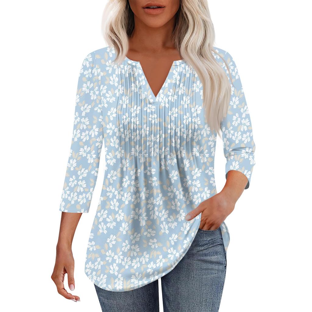 Modisches, lässiges T-Shirt mit plissiertem V-Ausschnitt und einfarbigen Siebenviertelärmeln für Damen