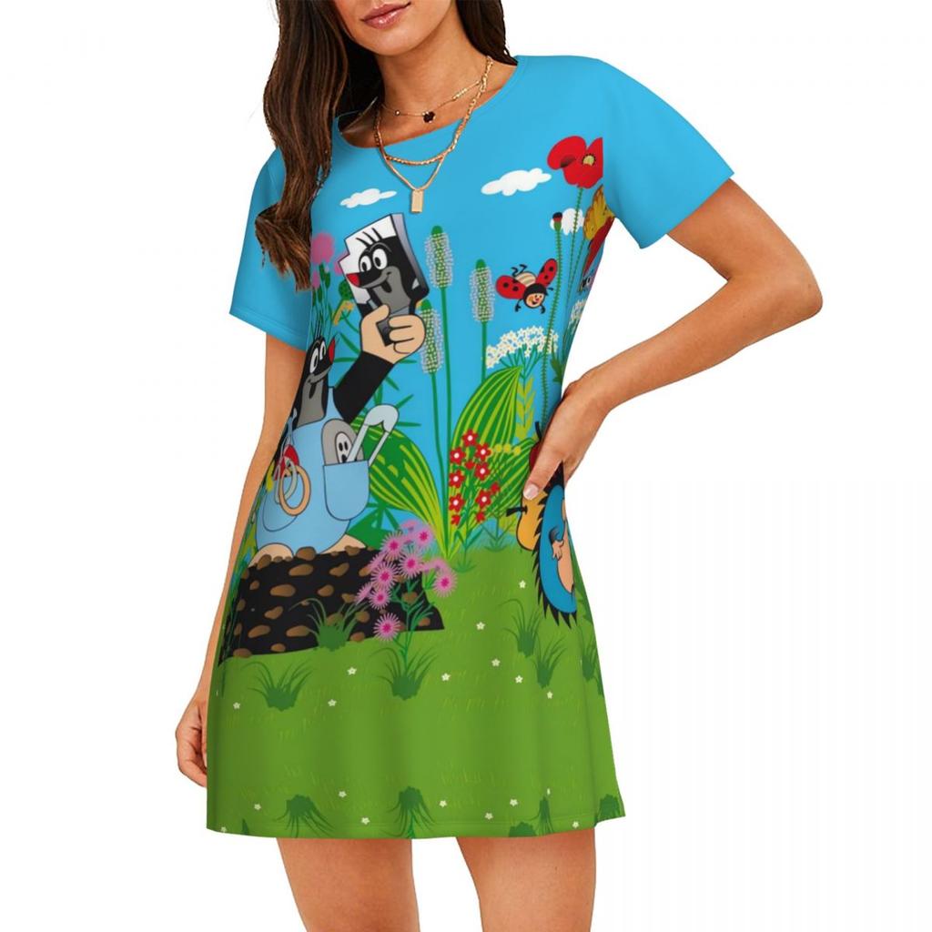 Cartoon Comic Damen Oversized Rundhals Modisches Lockeres Lässiges Sommerkleid mit Kurzen Ärmeln