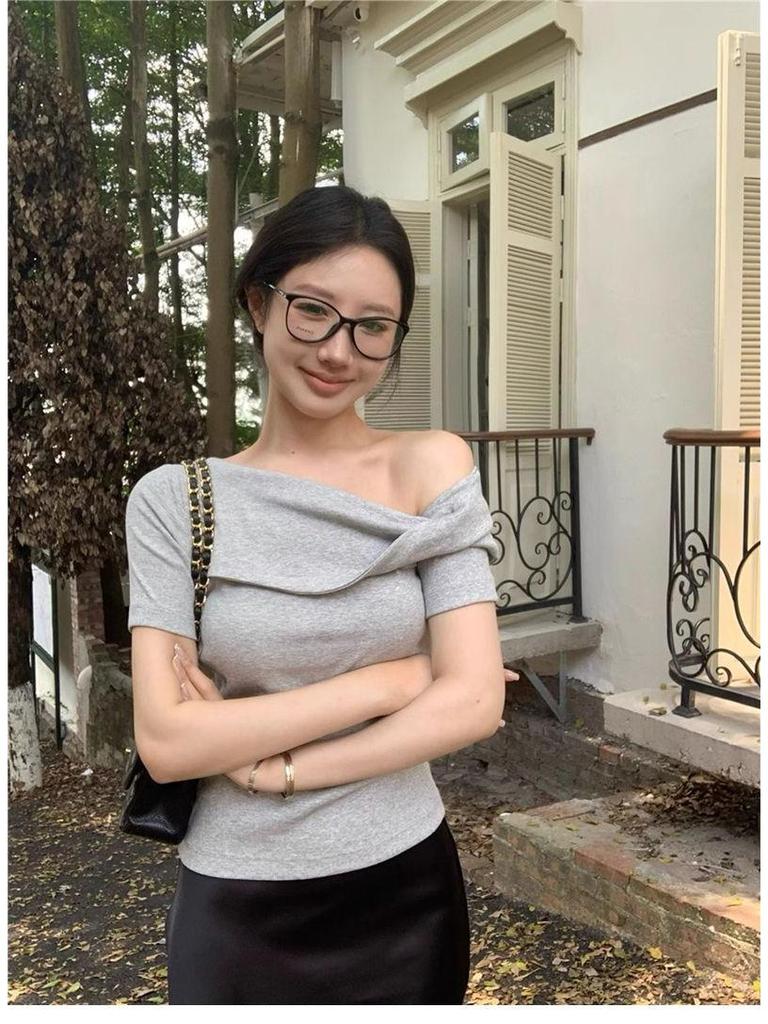 Women's Summer Modal One-Shoulder Slim Fit Korean Style T-Shirt