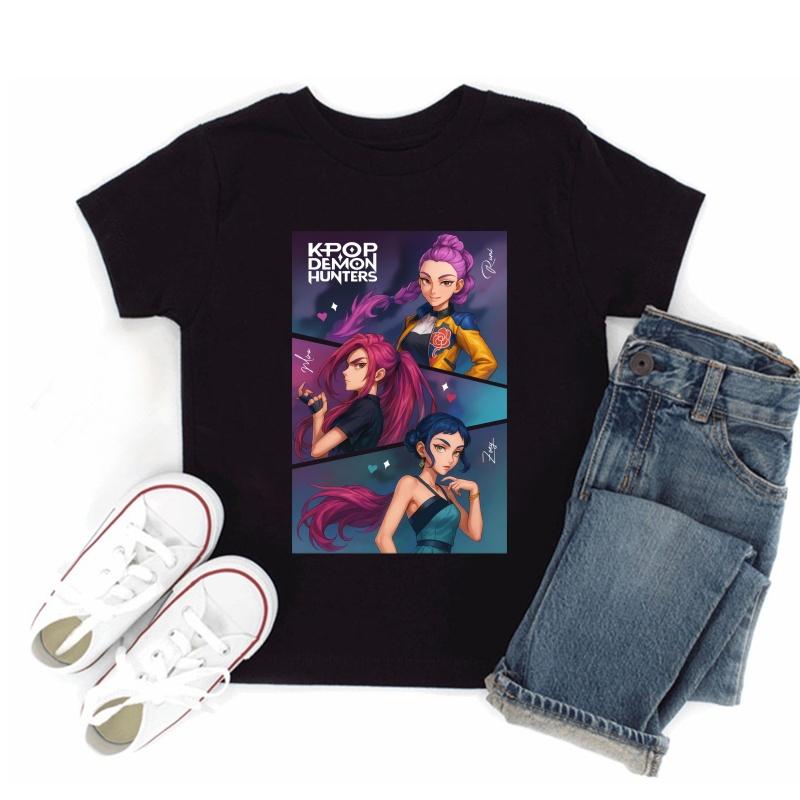 Hot Sale Kpop Demon Hunters Print Fashion Kids T-shirt Baby Boys Girls Clothes Summer Children Cotton Short Sleeve Black T shirt
