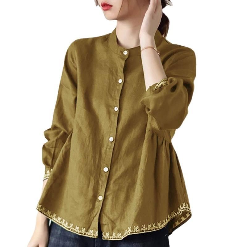 Women S Summer Stand Collar Cotton Linen Long Sleeve Loose Plus Size Shirt