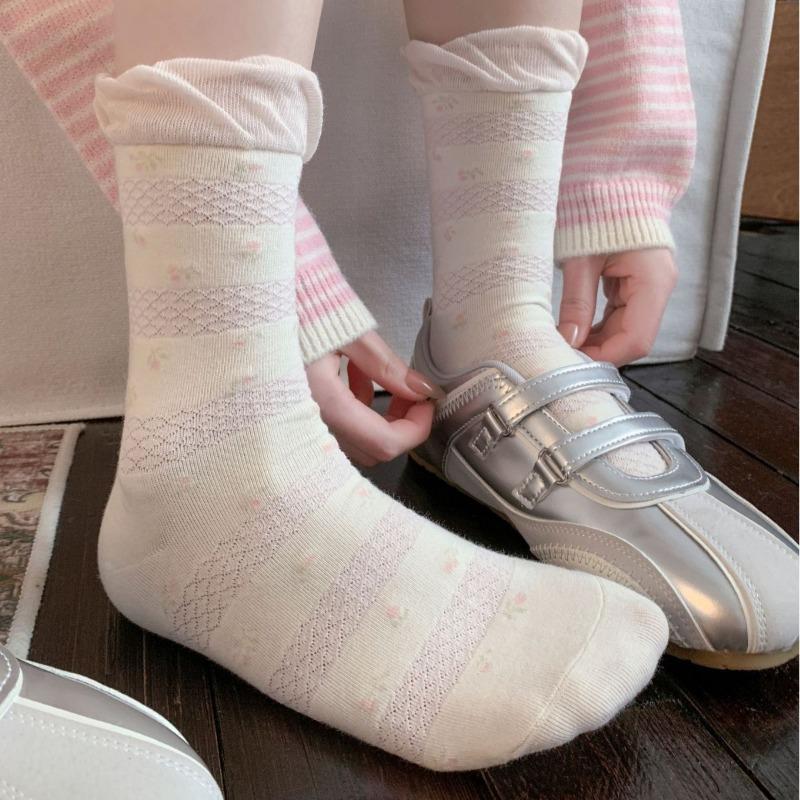 Pink Floral-patterned Socks - Spring and Summer Pile Socks, Simple Lace-edged Bow Tie Ankle-length Socks