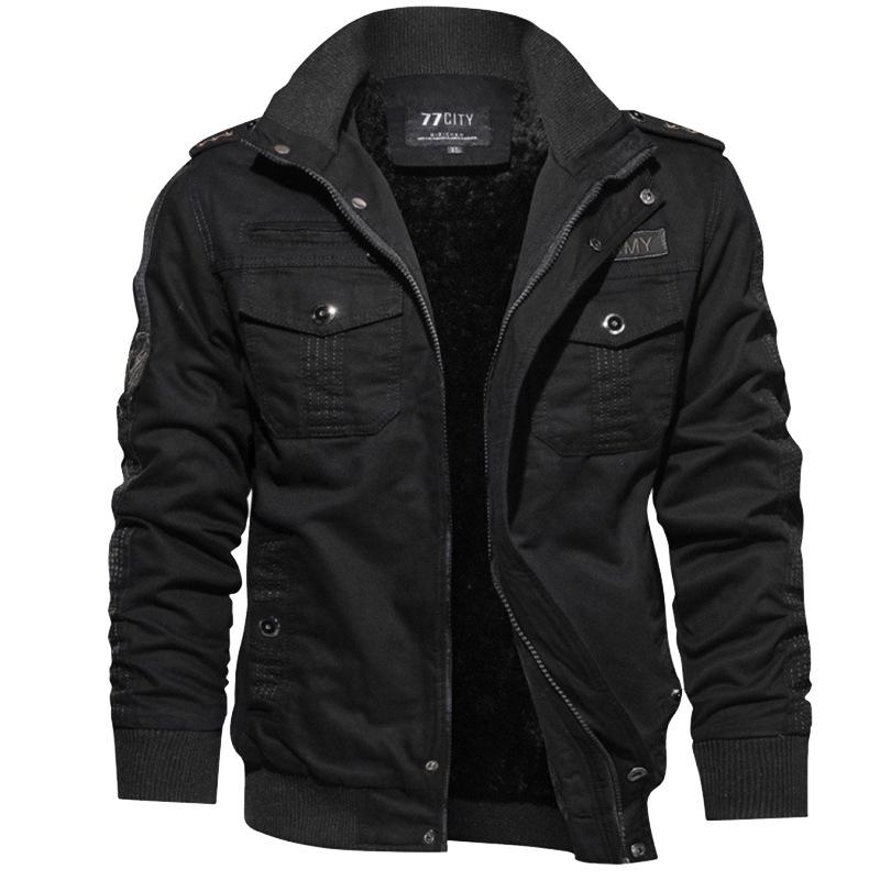 Men's Black Military-Style Cotton Jacket, Plus Velvet, Large Size, Autumn/Winter Trendy Outerwear