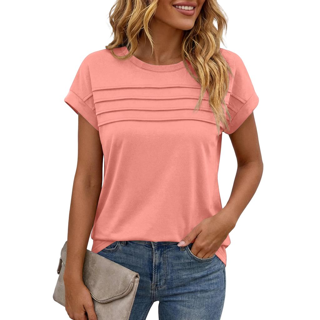 Women's Casual Top Monochrome Pleated Top Round Neck Short Sleeved Shirt