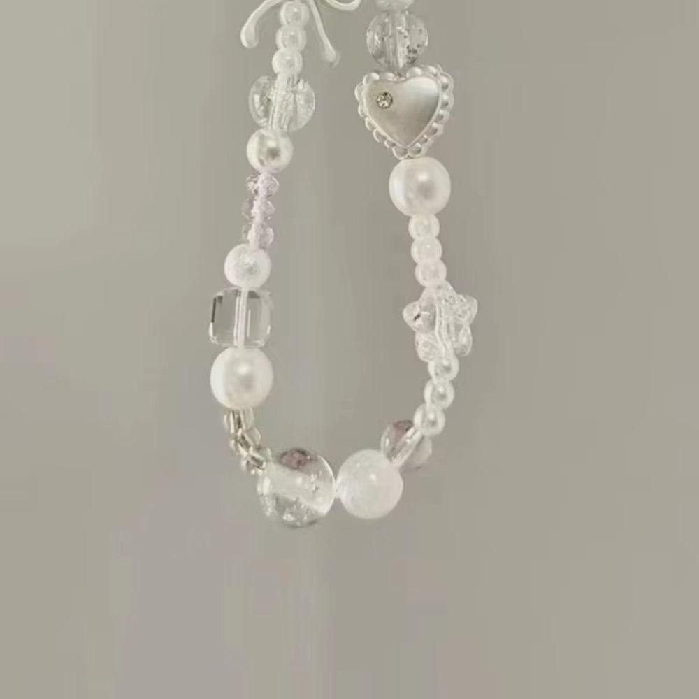 Fashion Charm Phone Strap Cute Luxury Beaded Phone Chain White Star Pearl Hanging Rope Pendant Keychain Phone Accessories