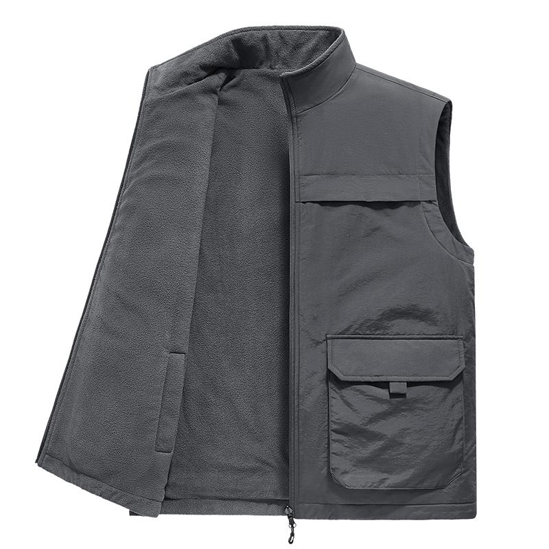 

Мужской двусторонний жилет Рабочая одежда Большой карман Молния Без рукавов Кардиган Жилет Стойка Воротник Топ 4XL серый