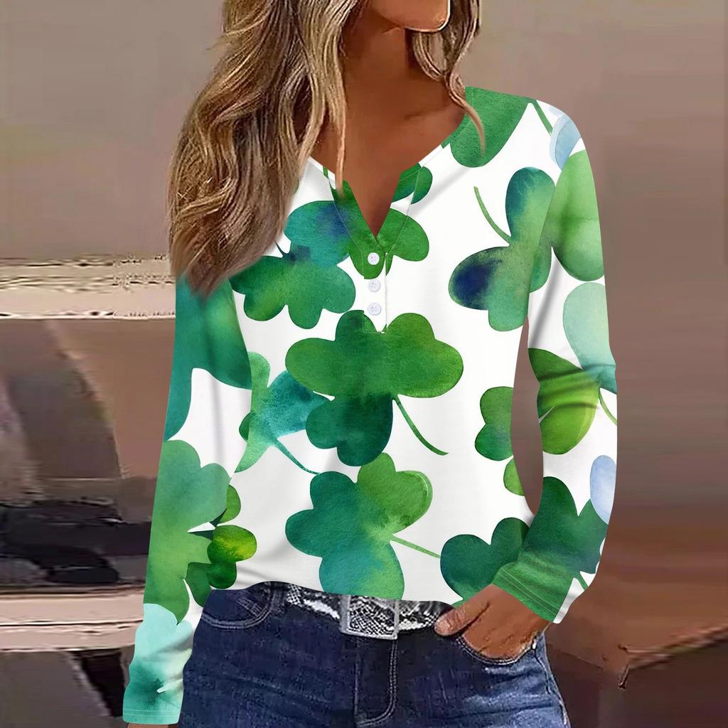Women's Fashion Casual Printed V-neck Long Sleeve Button Up T-shirt Top