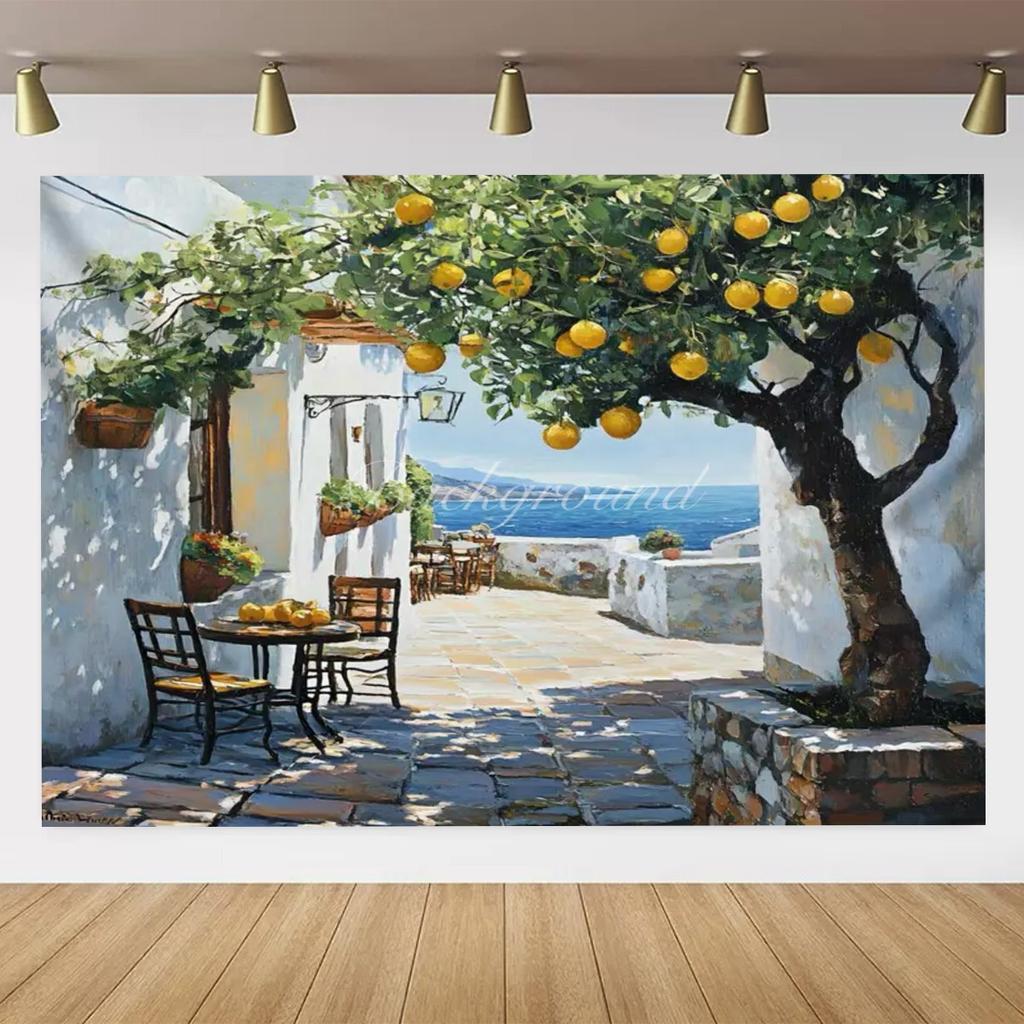 Banner Background with Lemon Tree Harvest Theme and Mediterranean Landscape Garden, Anniversary Room Decoration, Photo Backdrop
