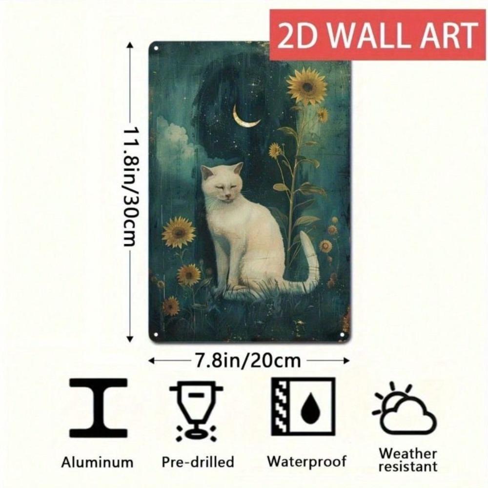 Vintage Sunflower Moon Cat Metal Wall Poster for Living Room