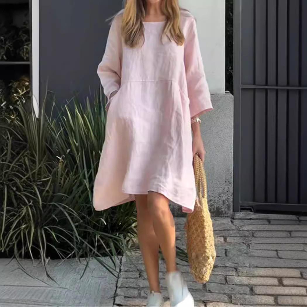 

Летнее женское свободное повседневное однотонное платье с карманами S розовый