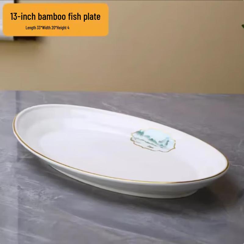 Tai Shun 13-inch Blue Water Green Mountains Oval Ceramic Fish Plate