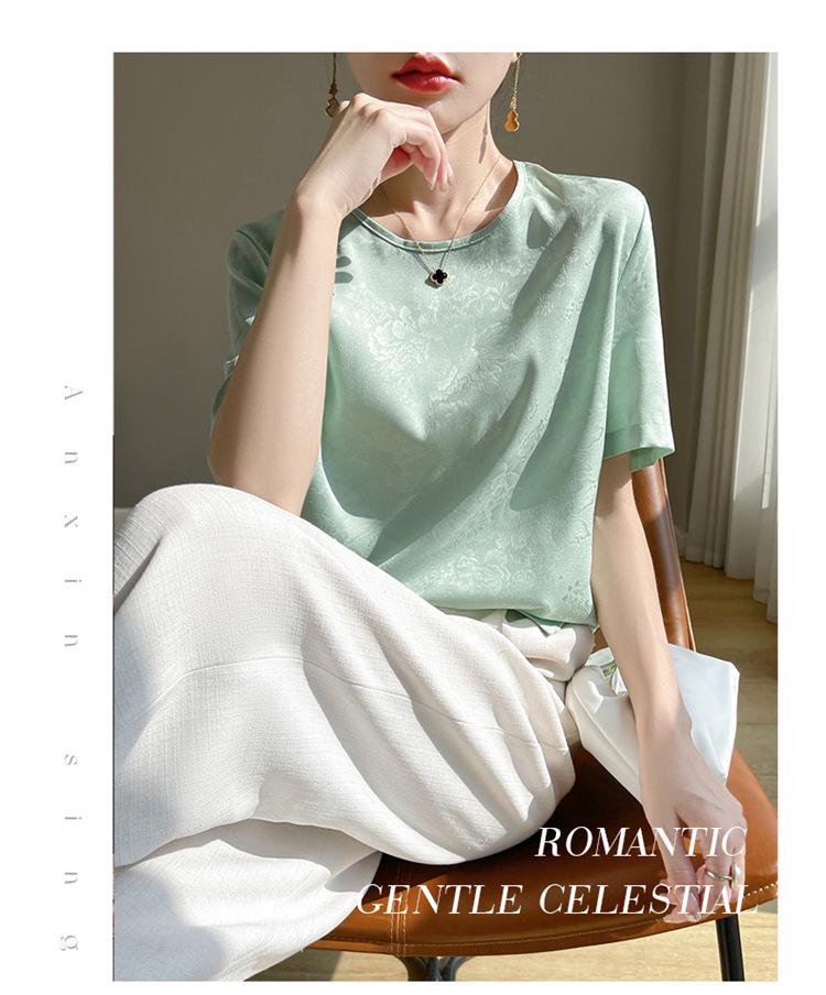 Women's Satin Round-Neck Five-Sleeve Loose-Fit Summer T-Shirt