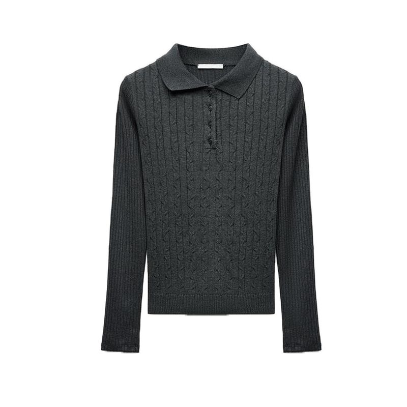 Summer New Women clothes Rib and Eight-Strand Woven Patchwork Polo Shirt Simple Long sleeve Top 5644302