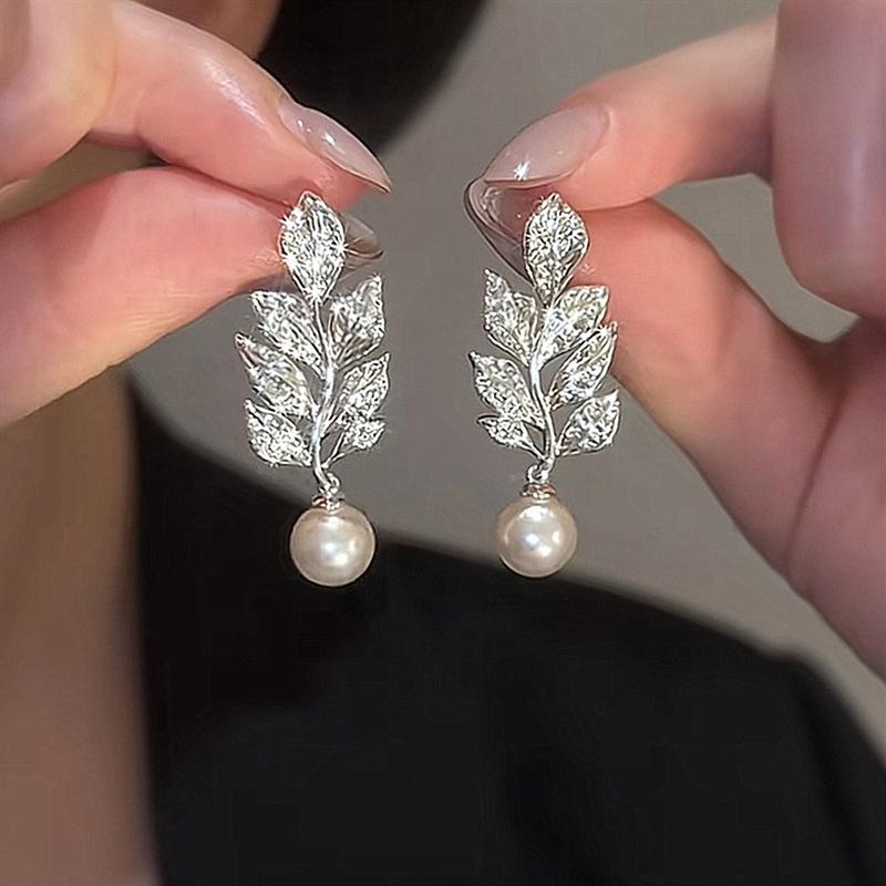 Crystal leaf and pearl drop earrings, square zirconia olive branch, women s imitation pearl pendant earrings, elegant bridal jewelry gifts