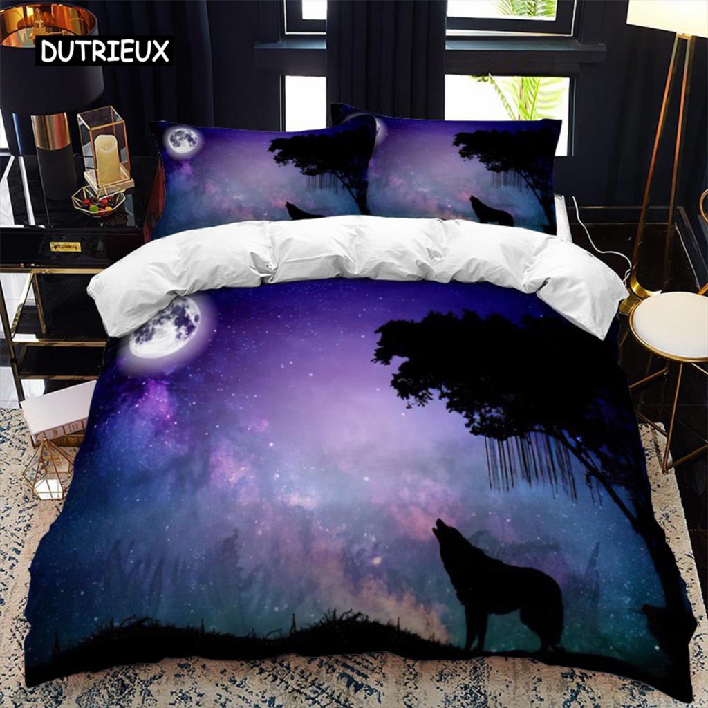 Tier Silhouette Bettbezug Set Heulen unter dem Mond Tier Thema Bettdeckenbezug für Kinder Jungen Mikrofaser King Twin Bettwäsche Set