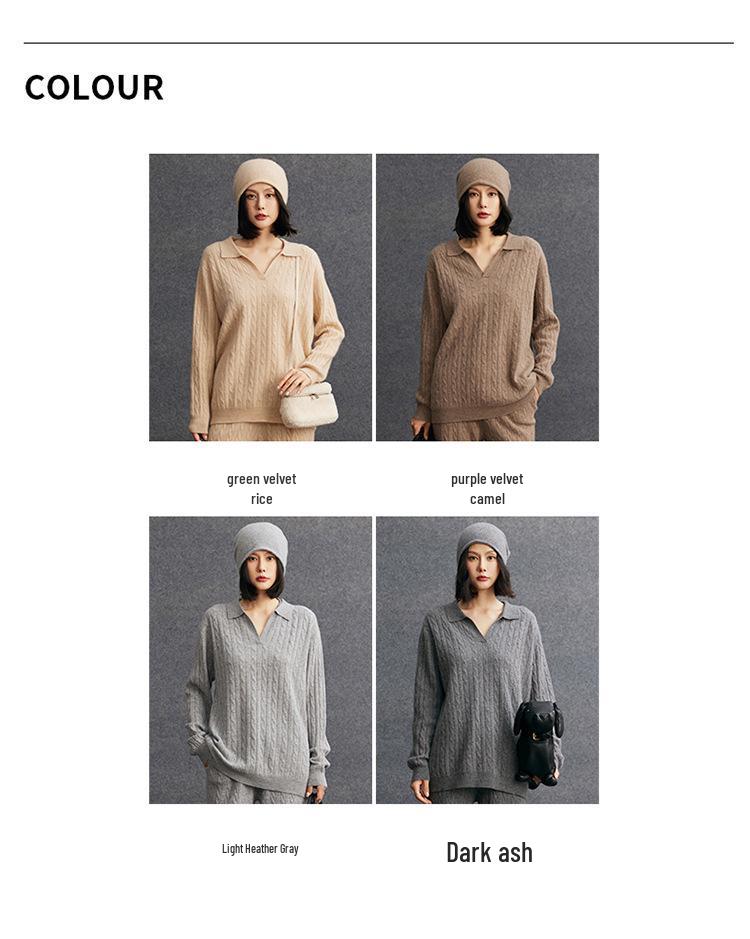 Autumn/Winter 2025 Women's Loose Cashmere V-Neck Cable Knit Sweater - Long Sleeve Pullover