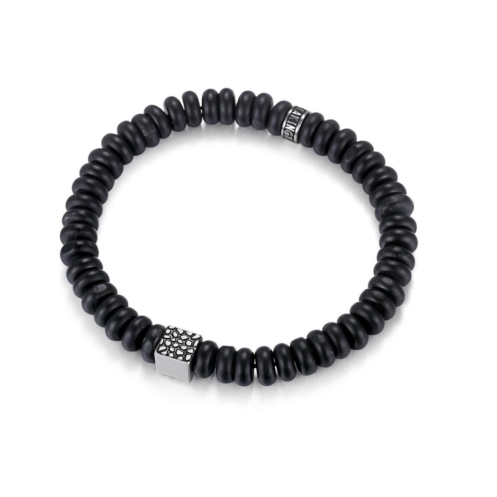 REPTILE AGATE STONE BRACELET matt black onyx bracelet in 8mm abacus shape with stainless steel reptile cube design element