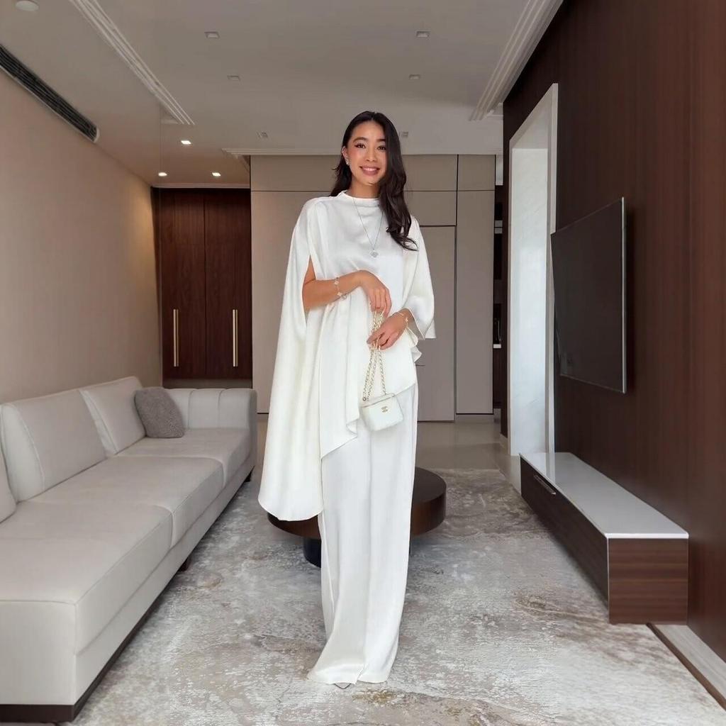 2026 Spring White Wide-Leg Pants Suit: Casual Two-Piece with Irregular Design