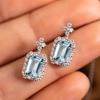 Rectangular Cut Blue Stone Halo Drop Earrings with Top Accents Elegant Bridal Style Women Jewelry