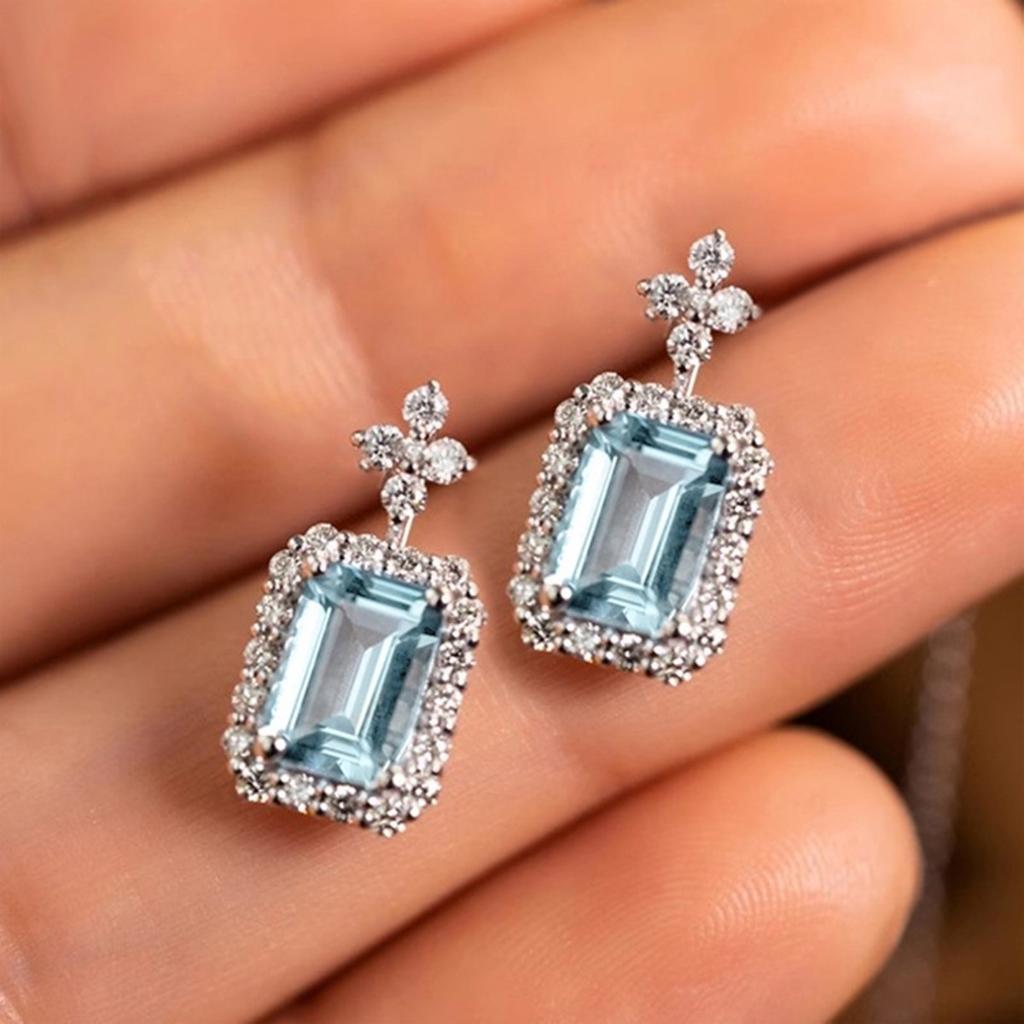 Rectangular Cut Blue Stone Halo Drop Earrings with Top Accents Elegant Bridal Style Women Jewelry