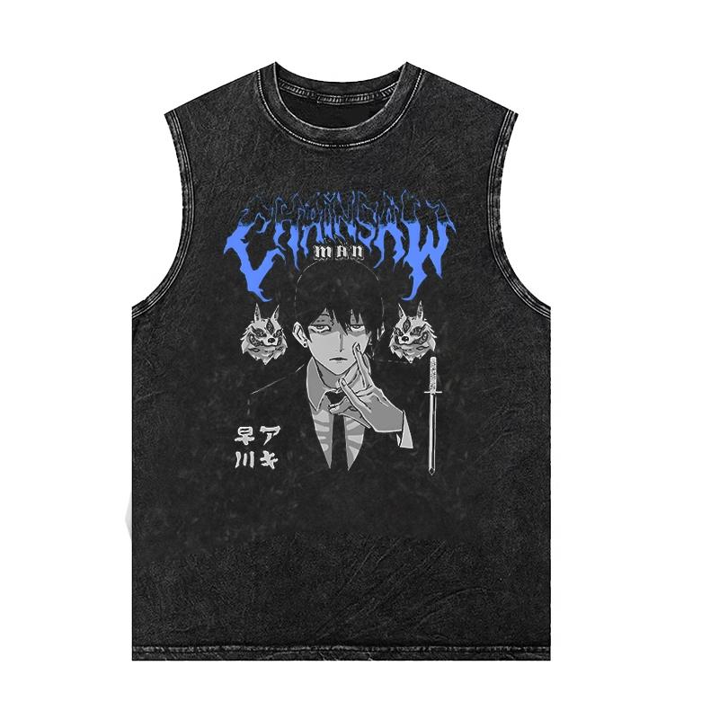 Chainsaw Man Anime Print Vintage Gewaschenes Kurzarm-Tanktop Gym T-Shirt Trendiges Unisex Ärmelloses Tanktop Männer Frauen