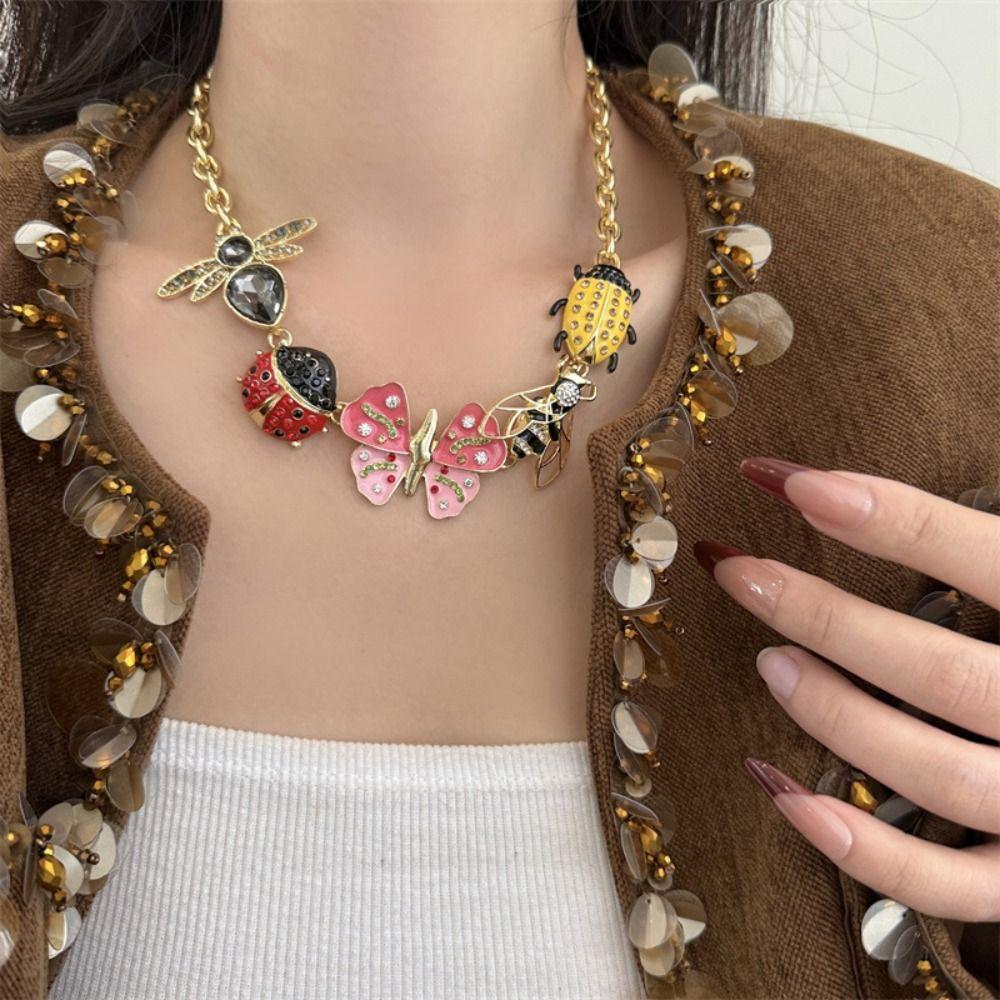 Colorful Vintage Enamel Necklace Metal Chain Insect Earrings Fashion Insect Pendant Necklace  Women