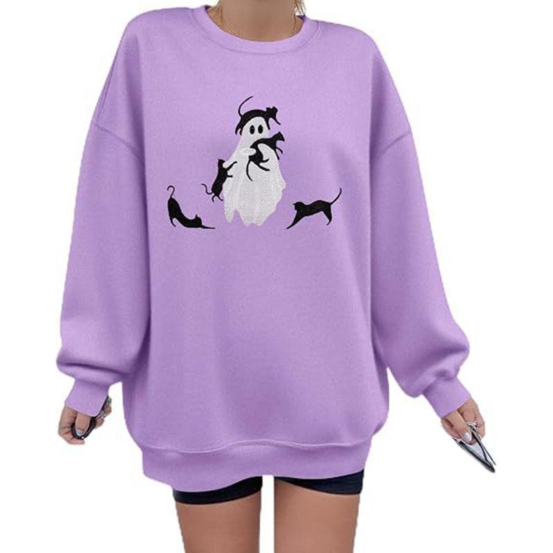 Hallowmas Ghost Print Long Sleeve Sweatshirt Women Crew Neck Oversized Pullover Top