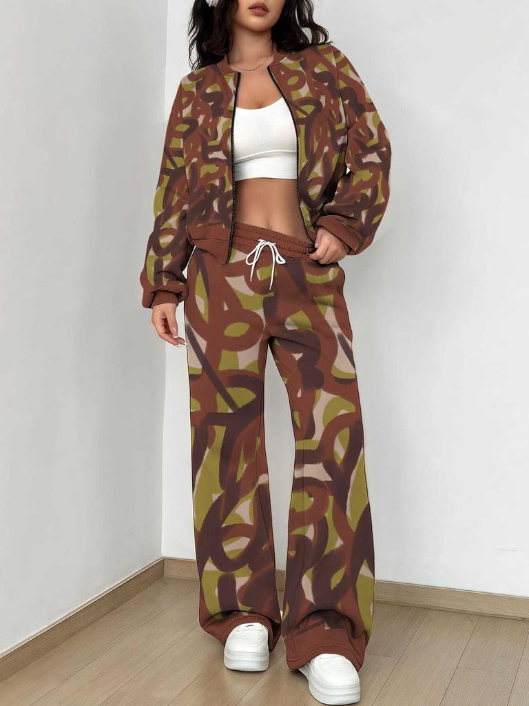 Simple Autumn and Winter New European and American Women's Clothing Yellow-green Camouflage Printing Suit Women
