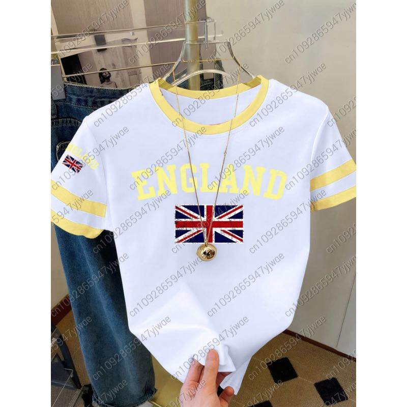 Womens Short Sleeve Color-Block ENGLAND STRIPE Print Y2k T Shirt Girl Round Neck Tee Outdoor Sports Adult Women's T-Shirt