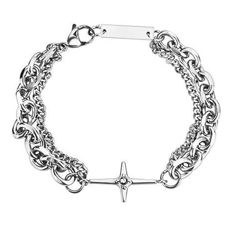 Cross Bracelet For Men Women Silver Stainless Steel Chunky Thick Black White Zirconia Layered Bracelet Faith Easter Jewelry