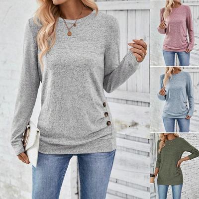 Women's Button Decor Ruched T-Shirt Casual Long Sleeve Top For Spring & Fall Women's Clothing
