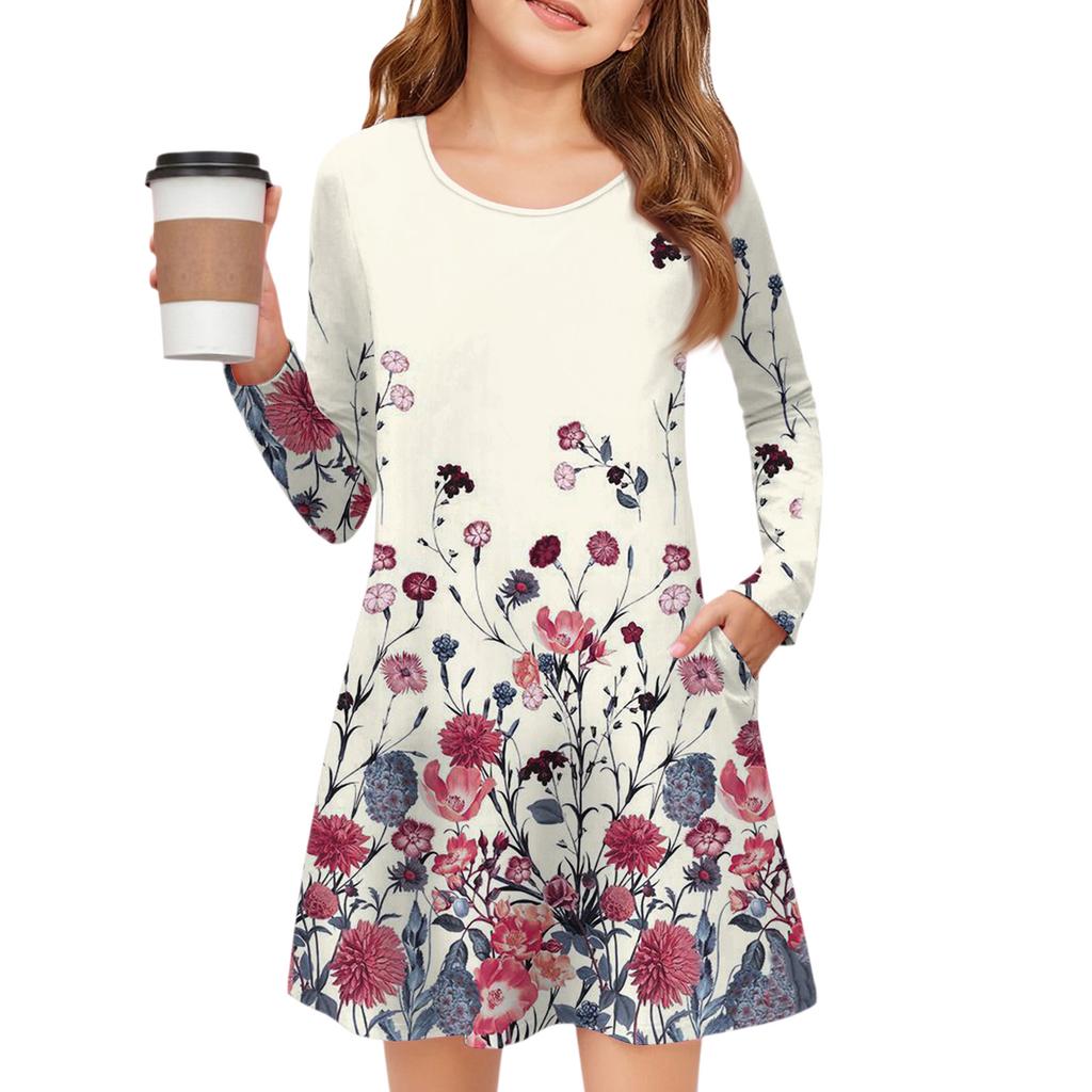 Girls' Long Sleeve Dress - Color Pocket Dress