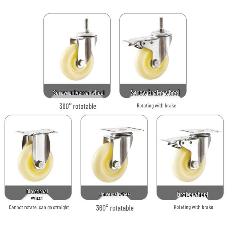 Medium 304 Stainless Steel Wear-Resistant Casters with Brake – 3", 4", 5" Nylon Wheels for Hand Carts & Shelves