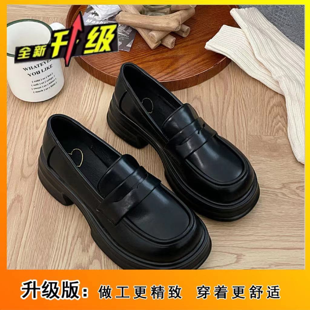 

Round head platform single shoes women s black new college style small leather shoes versatile British loafers 40