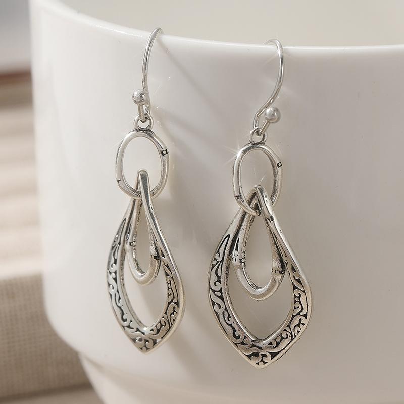 Retro Hollow Carved Silvery Plated Dangle Earrings for Women Geometric Ethnic Irregular Pattern  Jewelry Accessories Gift